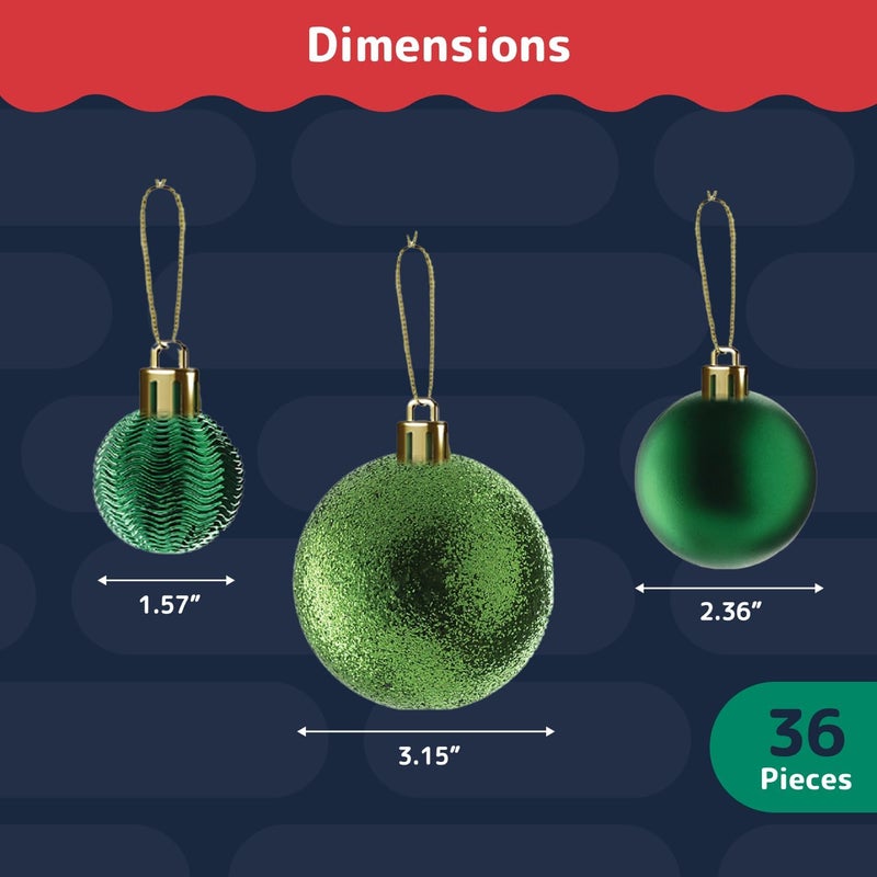 Prextex 36-Pieces Green Christmas Ornaments Set - Shatterproof, Festive Christmas Tree Balls Decorations in 3 Sizes and 6 Styles with Hanging Loops for Tree, Wreath, and Dazzling Holiday Party Decor - Image 3